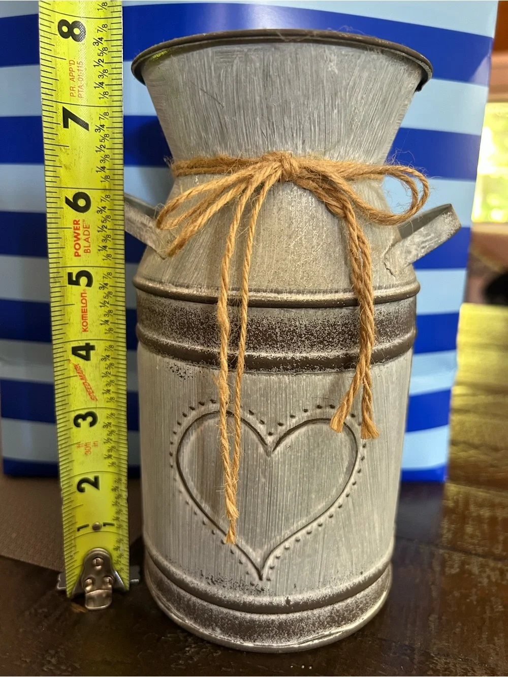 Rustic Cream Metal Heart Milk Can Vase with Twine Accent